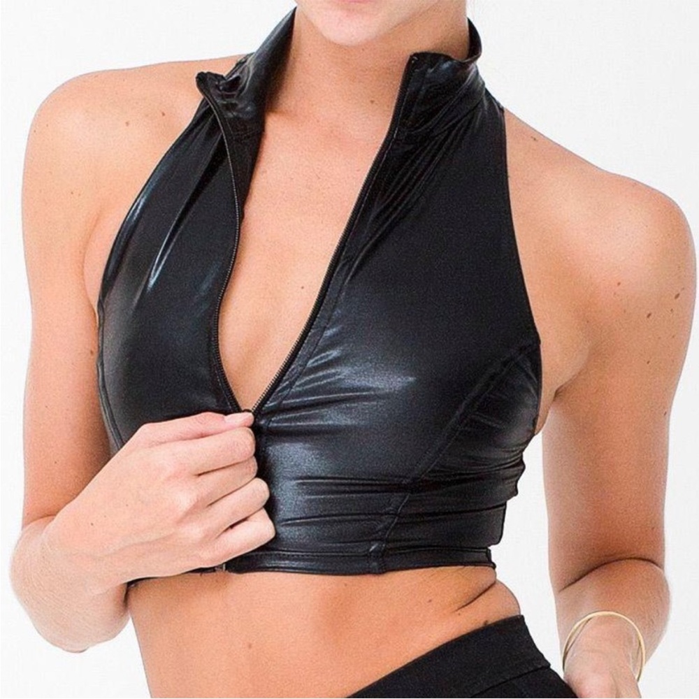American Apparel liquid shimmer black zip up race back mock neck crop top Small